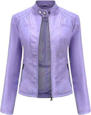 Women's Casual Faux Leather Motorcycle Jacket PU Moto Biker Coat with Zipper Pockets
