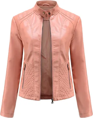 Women's Casual Faux Leather Motorcycle Jacket PU Moto Biker Coat with Zipper Pockets