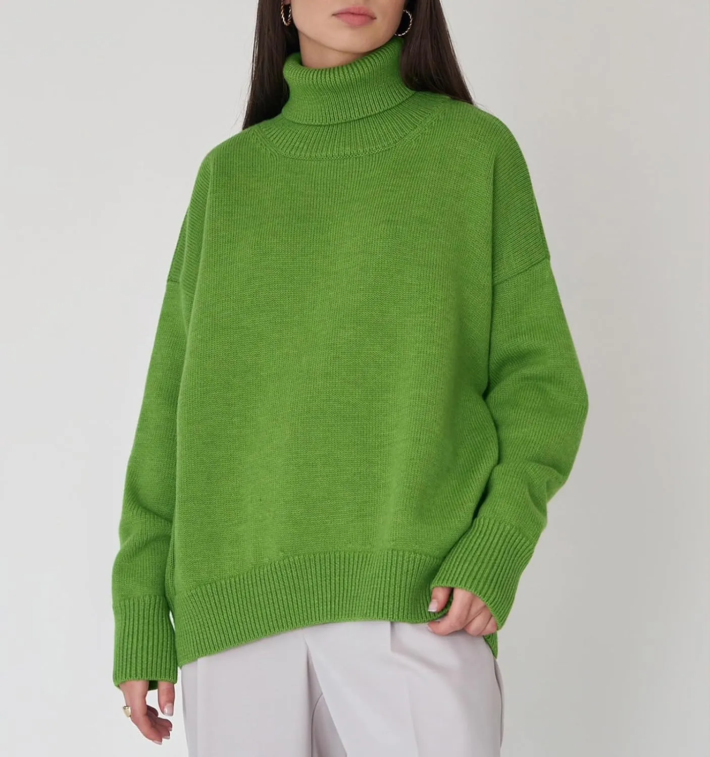 Women's Classic Turtleneck Long Sleeve Drop Shoulder Solid Color Knit Oversized Pullover Sweaters
