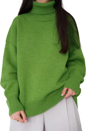 Women's Classic Turtleneck Long Sleeve Drop Shoulder Solid Color Knit Oversized Pullover Sweaters