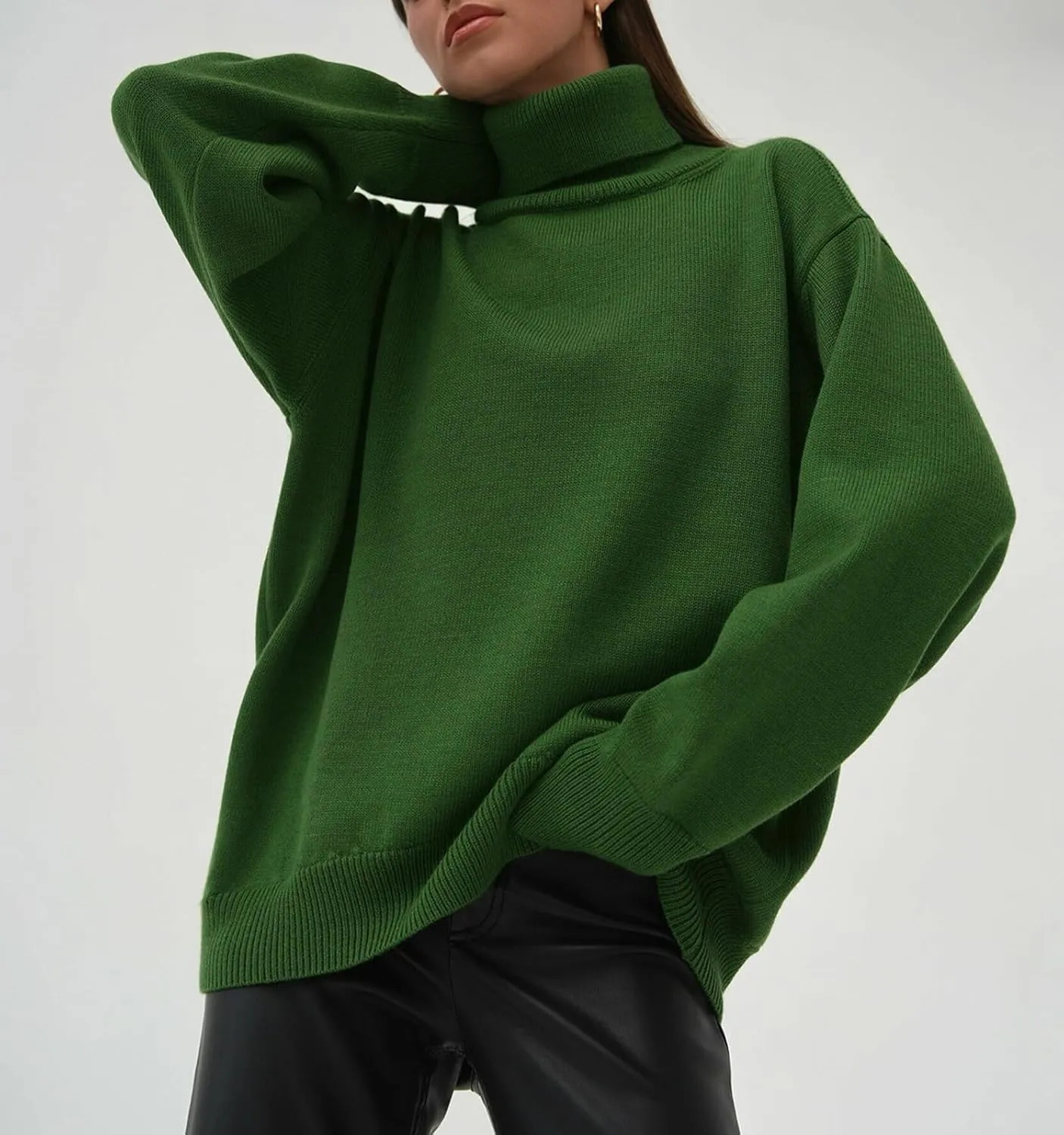 Women's Classic Turtleneck Long Sleeve Drop Shoulder Solid Color Knit Oversized Pullover Sweaters