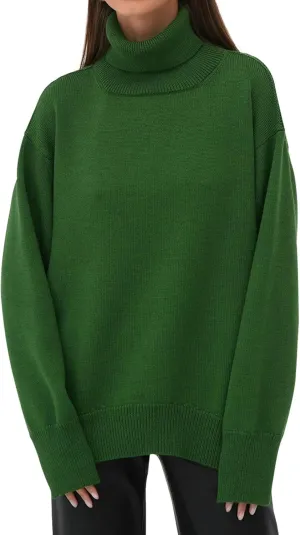 Women's Classic Turtleneck Long Sleeve Drop Shoulder Solid Color Knit Oversized Pullover Sweaters
