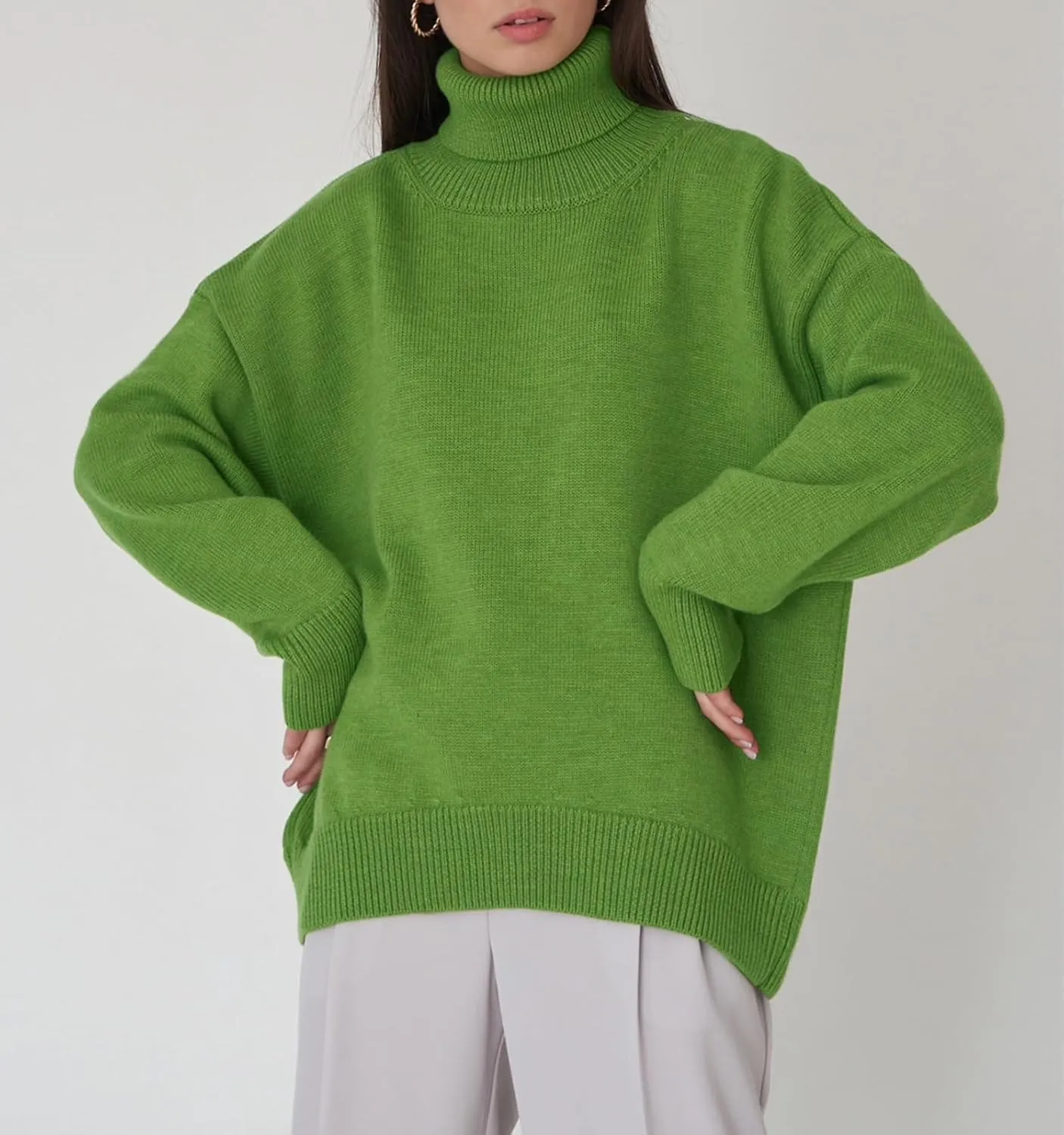 Women's Classic Turtleneck Long Sleeve Drop Shoulder Solid Color Knit Oversized Pullover Sweaters