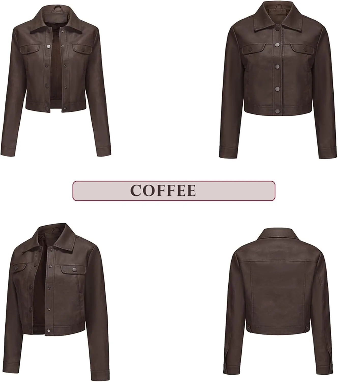 Women's Faux Leather Crop Jacket Button Down Cropped Motorcycle Jackets PU Moto Biker Coat