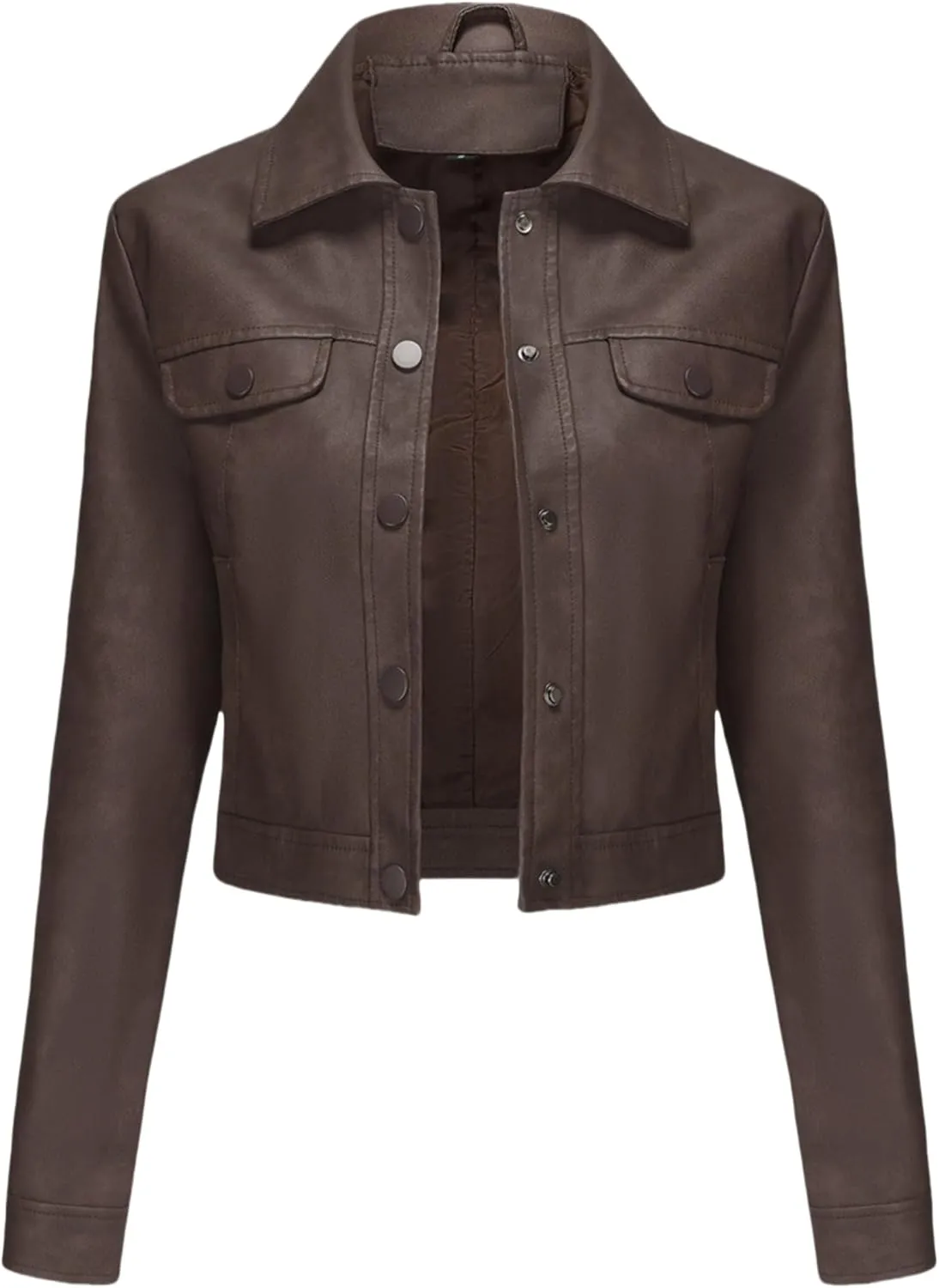 Women's Faux Leather Crop Jacket Button Down Cropped Motorcycle Jackets PU Moto Biker Coat