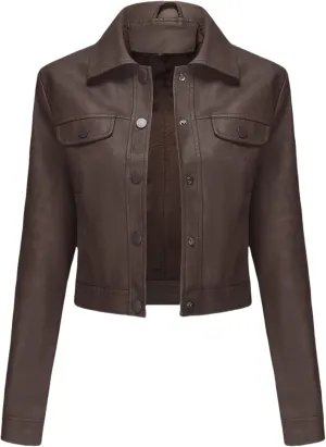 Women's Faux Leather Crop Jacket Button Down Cropped Motorcycle Jackets PU Moto Biker Coat