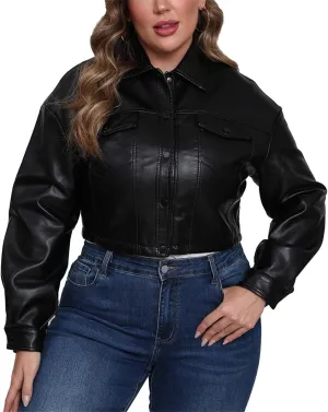Women's Faux Leather Cropped Jacket Plus Size Long Sleeve Drop Shoulder Button Motorcycle Coat XL-5XL