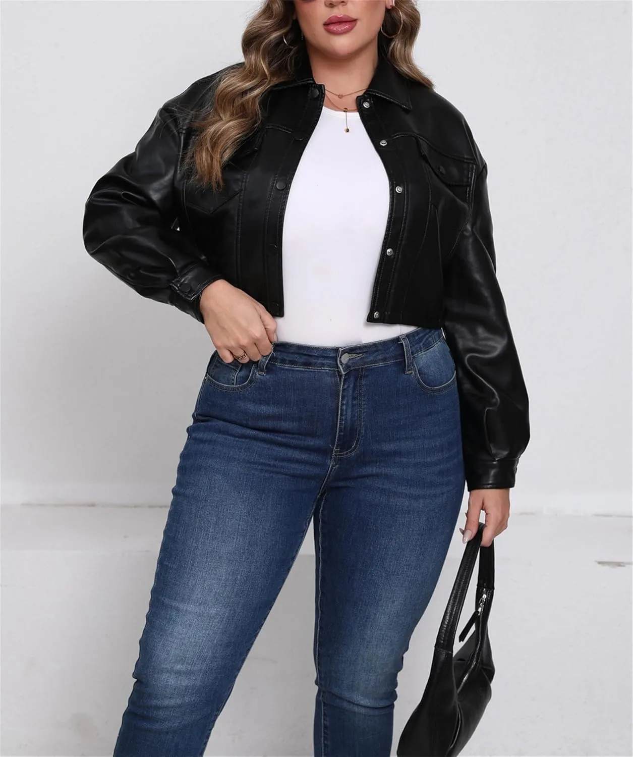 Women's Faux Leather Cropped Jacket Plus Size Long Sleeve Drop Shoulder Button Motorcycle Coat XL-5XL
