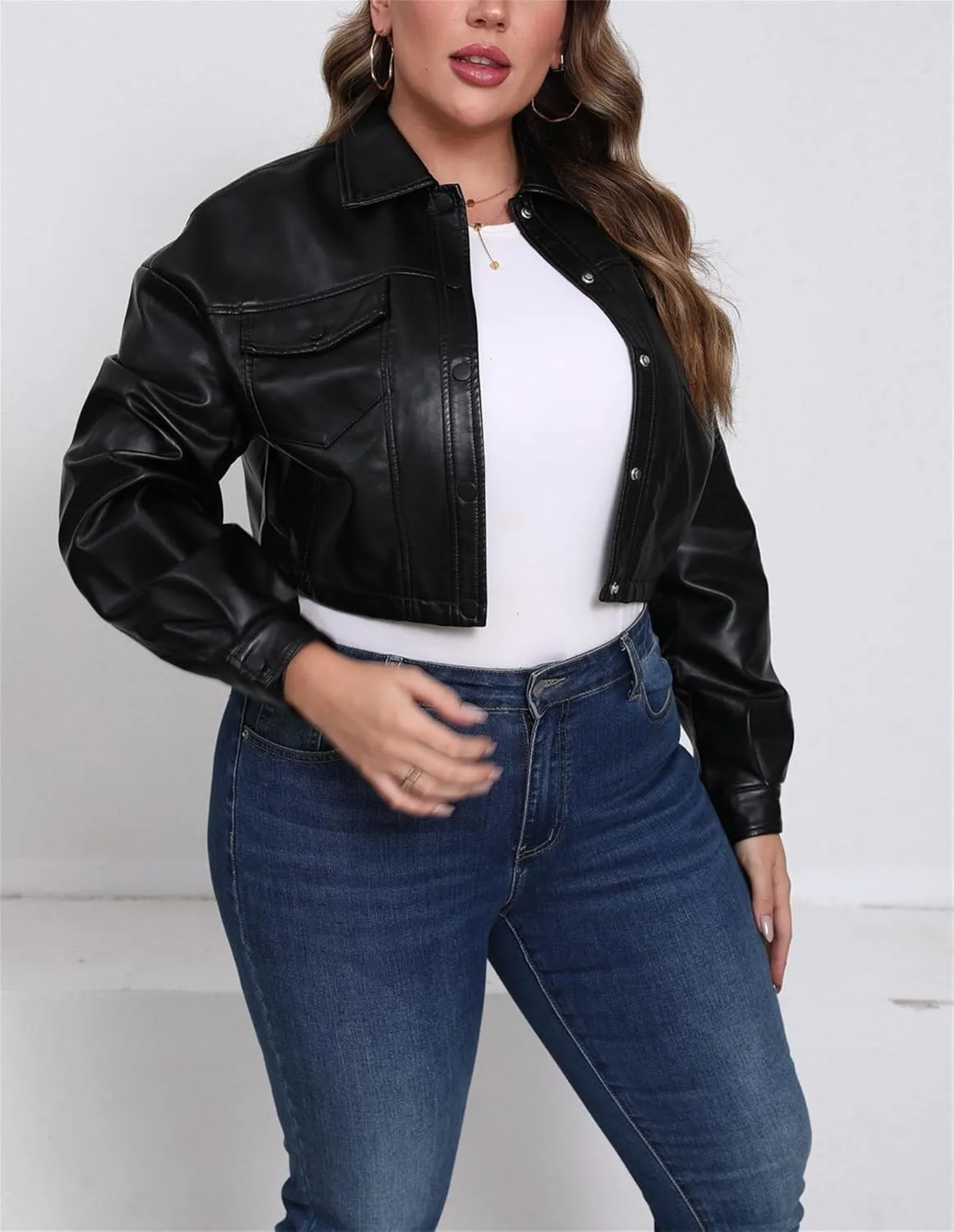Women's Faux Leather Cropped Jacket Plus Size Long Sleeve Drop Shoulder Button Motorcycle Coat XL-5XL