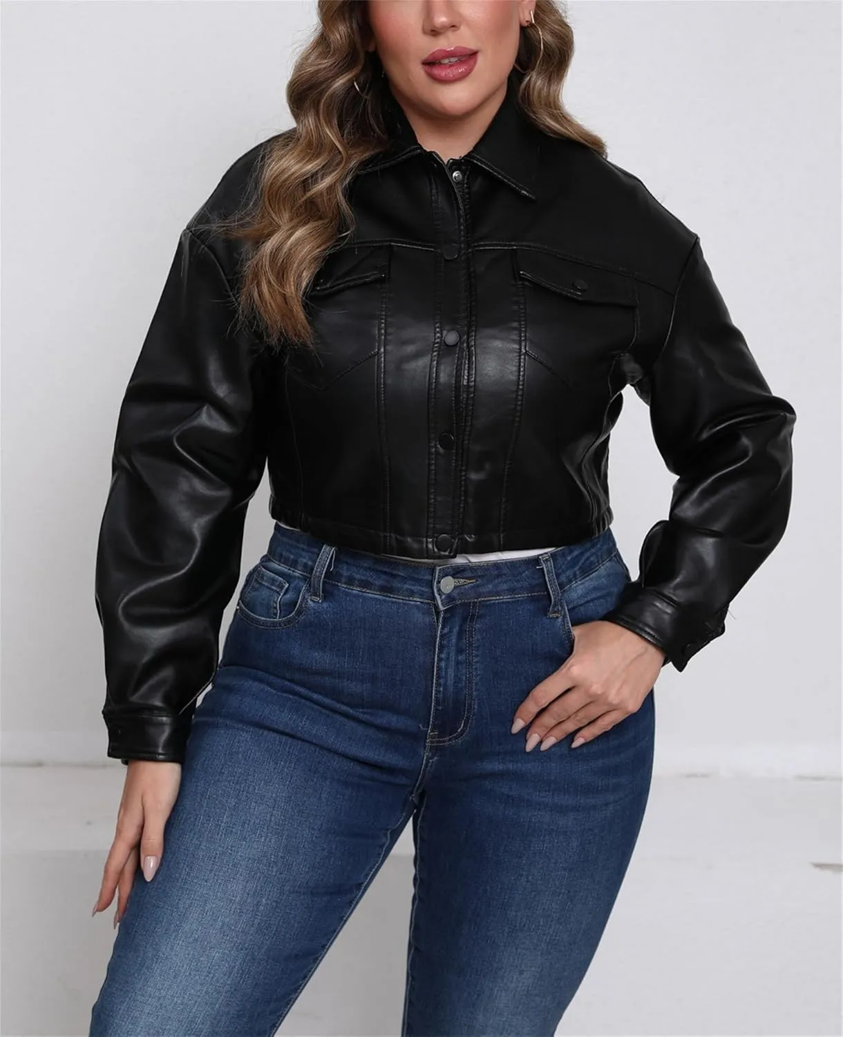Women's Faux Leather Cropped Jacket Plus Size Long Sleeve Drop Shoulder Button Motorcycle Coat XL-5XL