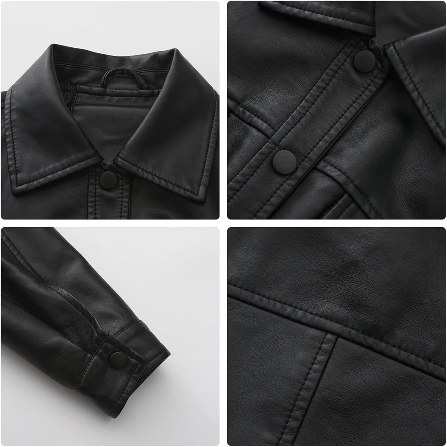 Women's Faux Leather Cropped Jacket Plus Size Long Sleeve Drop Shoulder Button Motorcycle Coat XL-5XL