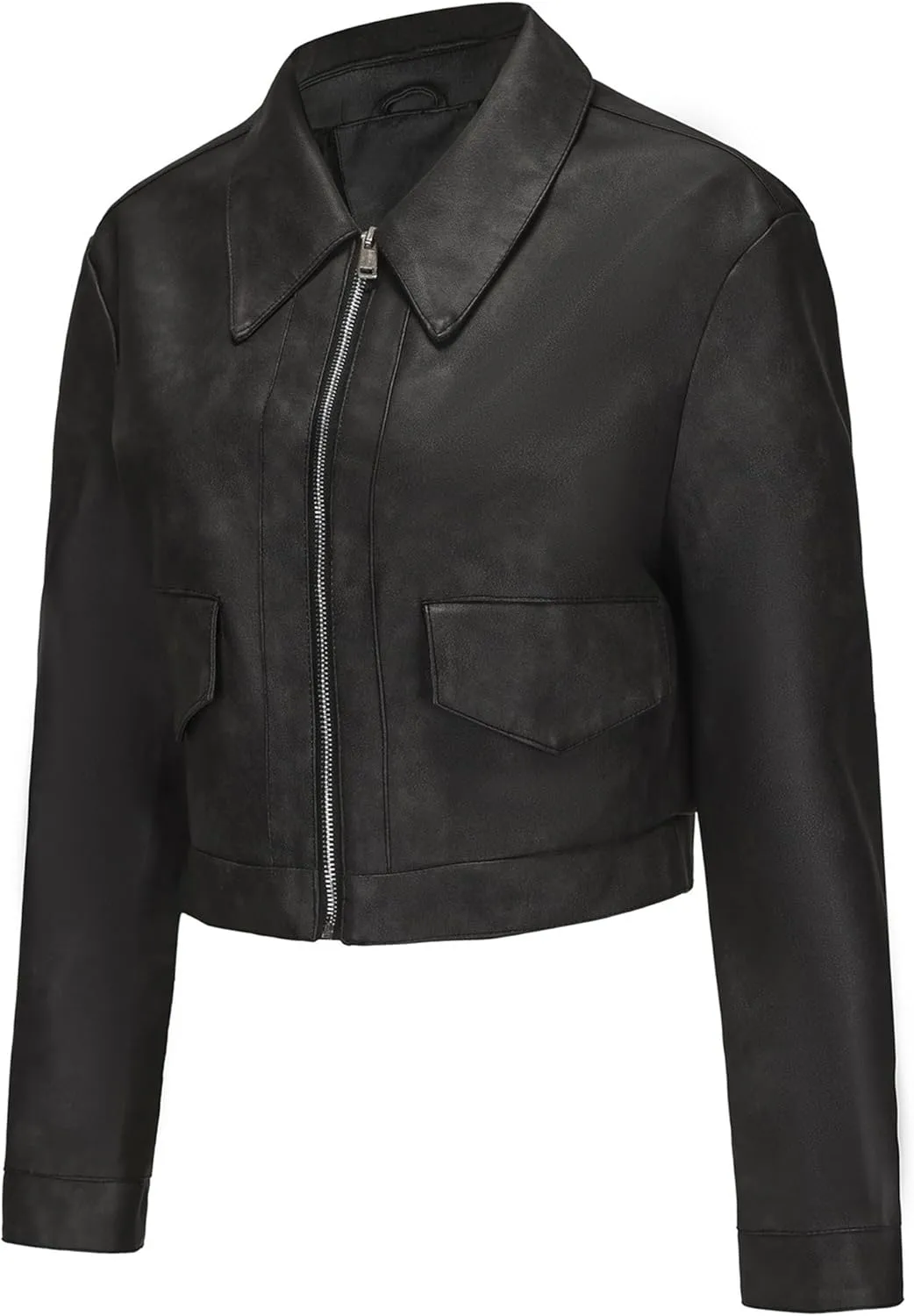 Women's Faux Leather Motorcycle Jacket Slim Crop Bomber PU Moto Biker Outwear Coat
