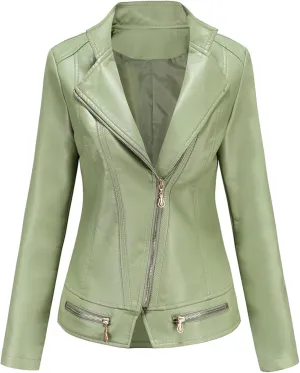 Women's Faux Leather Short Moto Jacket Zip-up Slim PU Biker Coat
