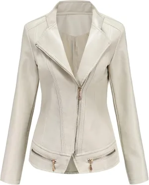 Women's Faux Leather Short Moto Jacket Zip-up Slim PU Biker Coat