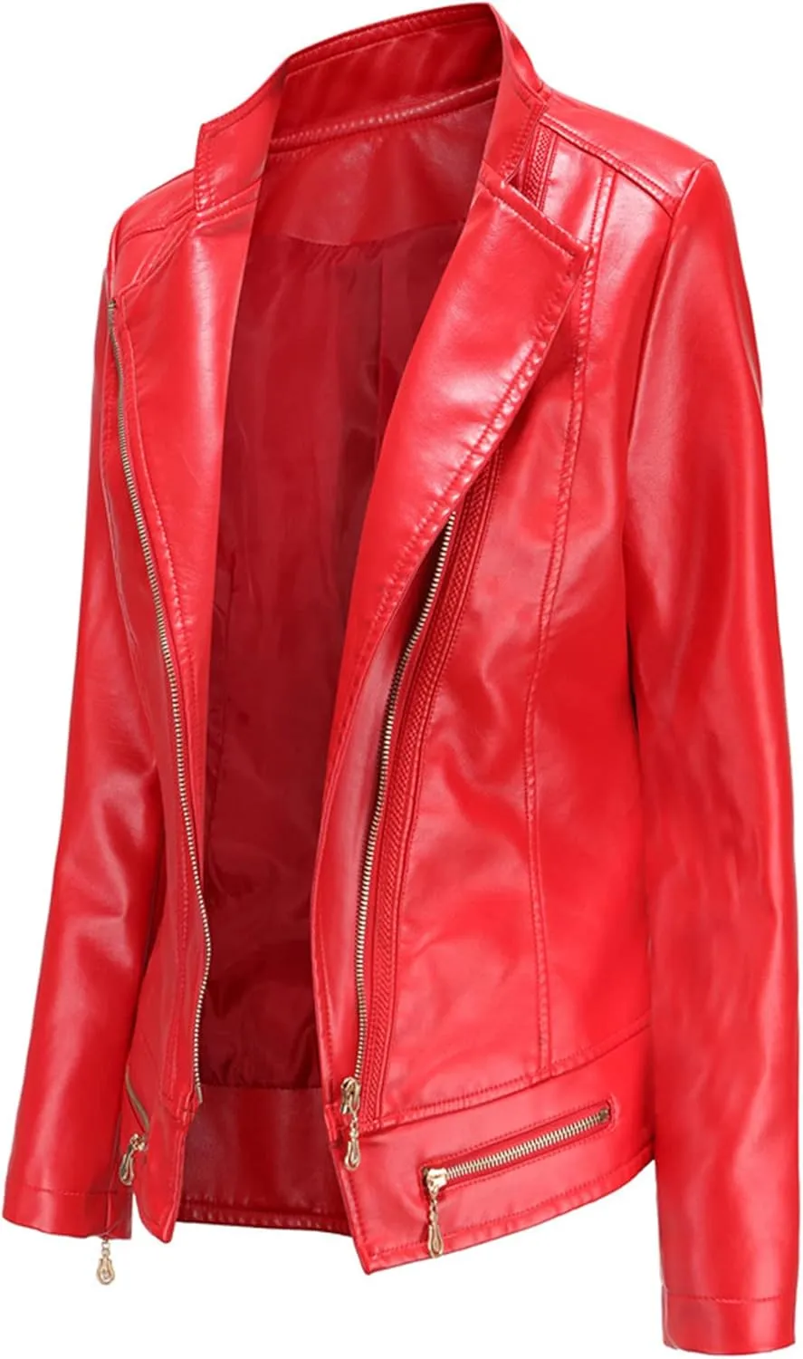 Women's Faux Leather Short Moto Jacket Zip-up Slim PU Biker Coat
