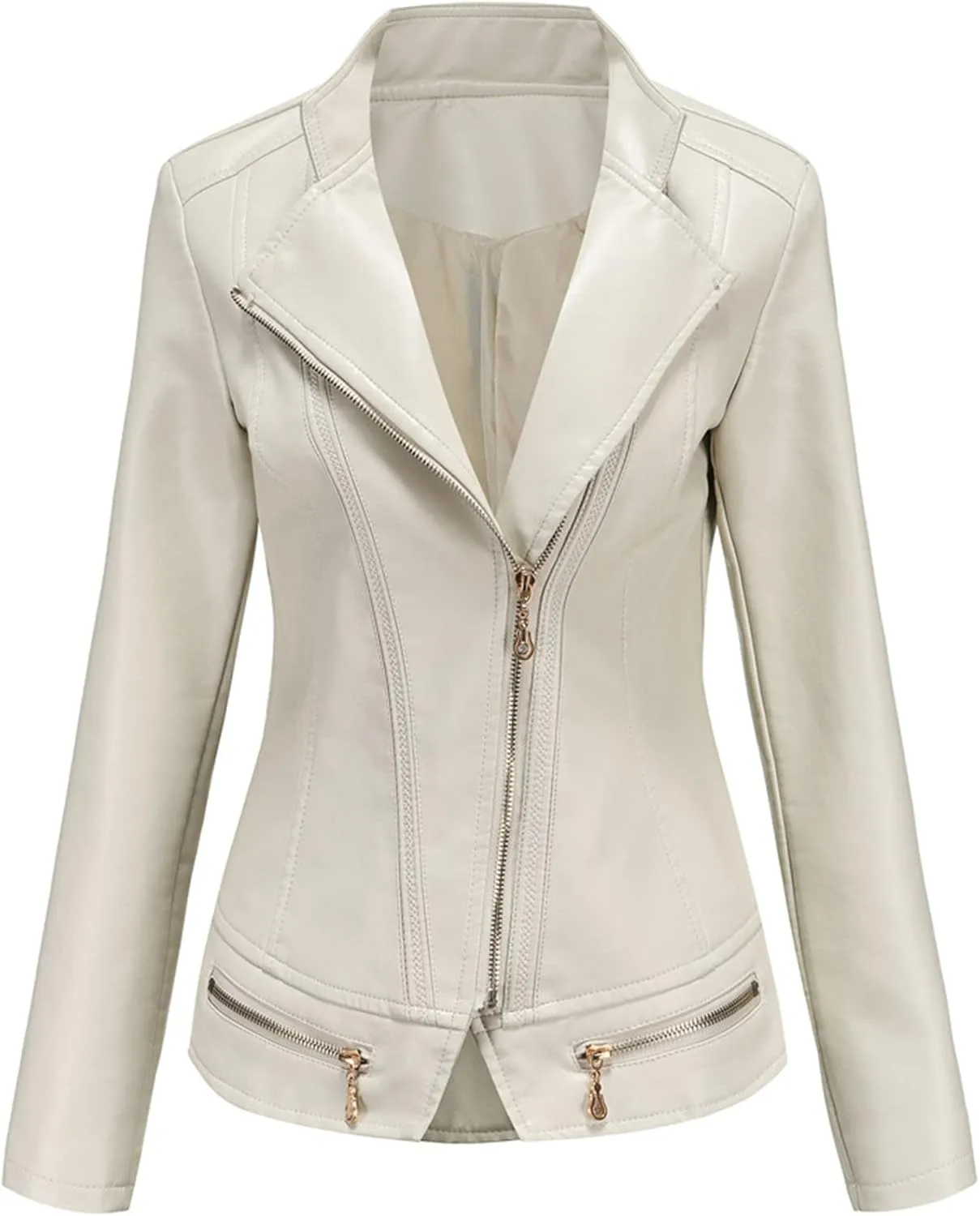 Women's Faux Leather Short Moto Jacket Zip-up Slim PU Biker Coat