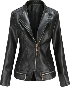 Women's Faux Leather Short Moto Jacket Zip-up Slim PU Biker Coat