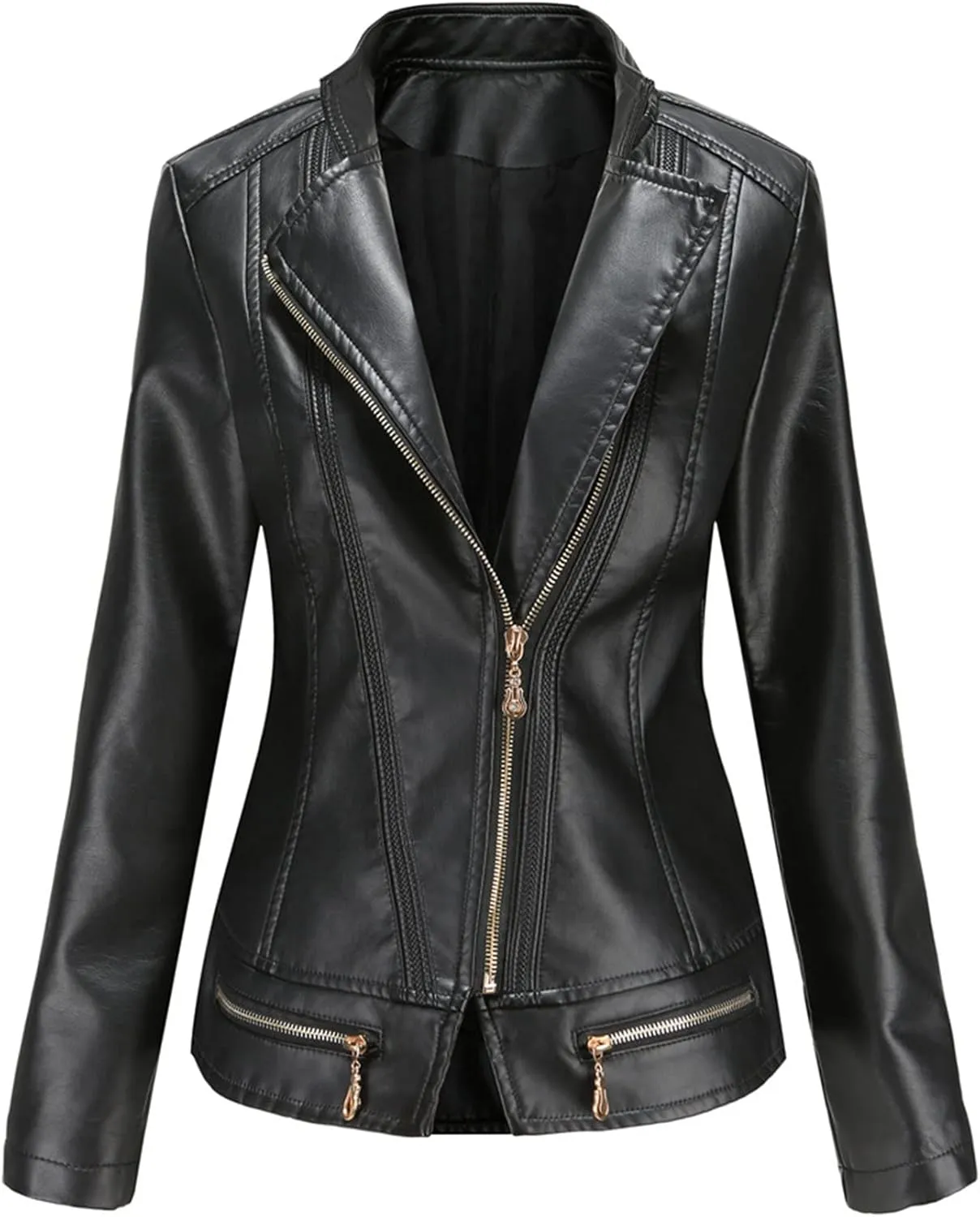 Women's Faux Leather Short Moto Jacket Zip-up Slim PU Biker Coat