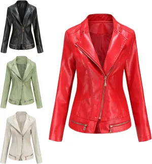 Women's Faux Leather Short Moto Jacket Zip-up Slim PU Biker Coat