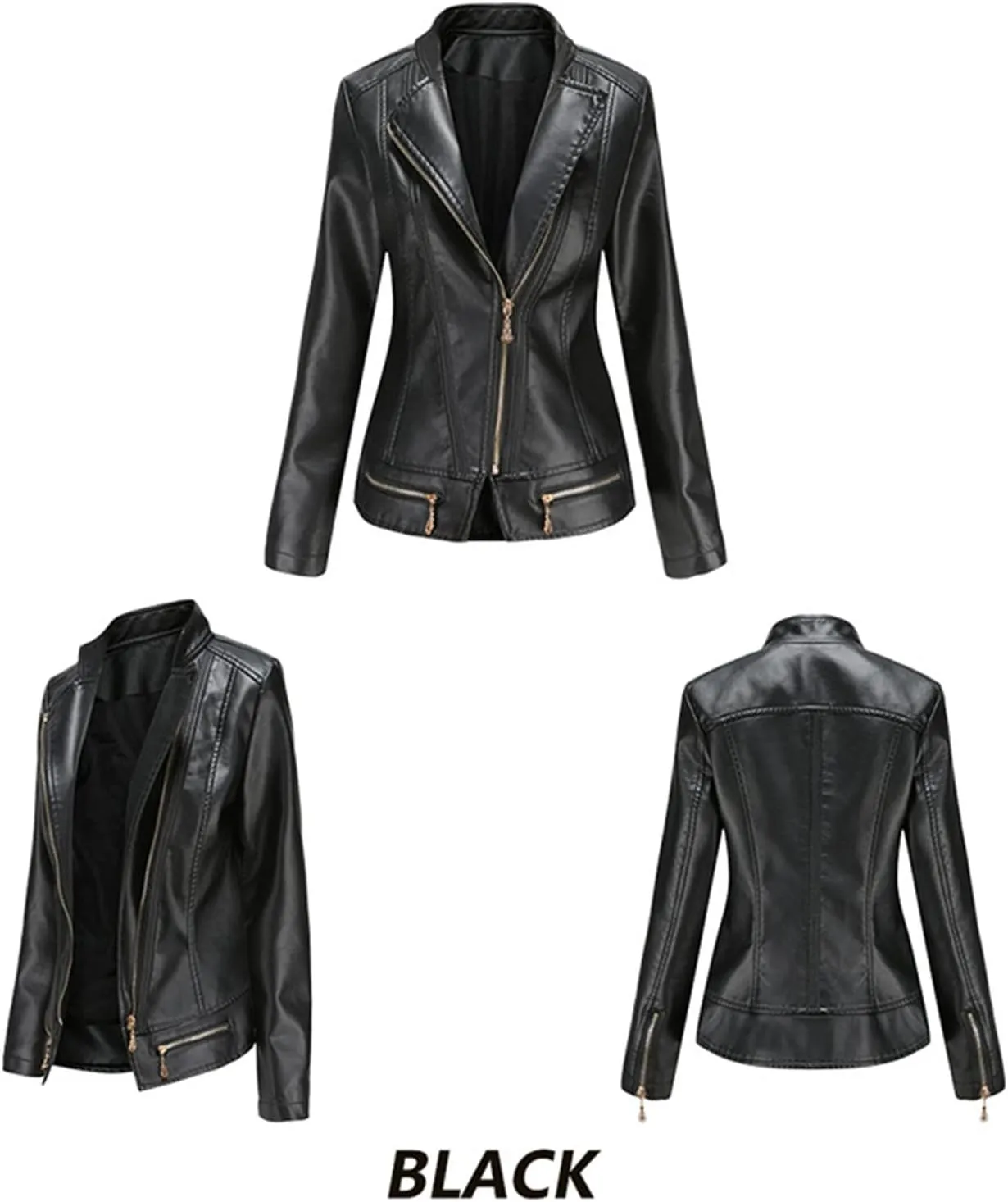 Women's Faux Leather Short Moto Jacket Zip-up Slim PU Biker Coat