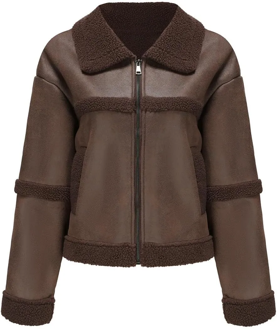 Women's Faux Suede Winter Jacket Shearing Lined Zip Up Winter Aviator Leather Coat Outerwear