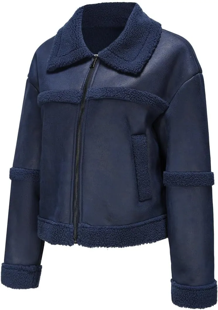 Women's Faux Suede Winter Jacket Shearing Lined Zip Up Winter Aviator Leather Coat Outerwear