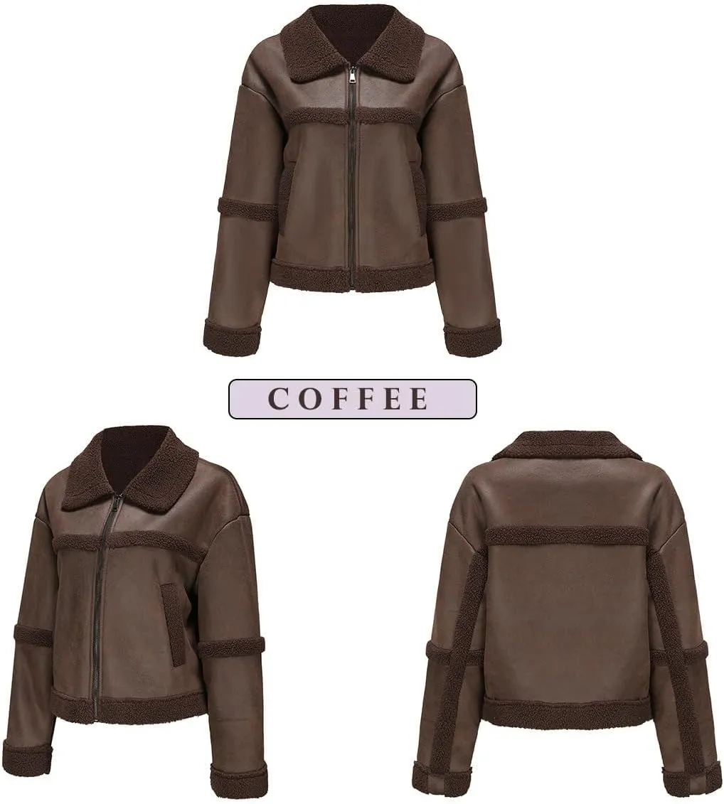 Women's Faux Suede Winter Jacket Shearing Lined Zip Up Winter Aviator Leather Coat Outerwear
