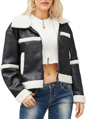 Women's Faux Suede Winter Jacket Shearing Lined Zip Up Winter Aviator Leather Coat Outerwear