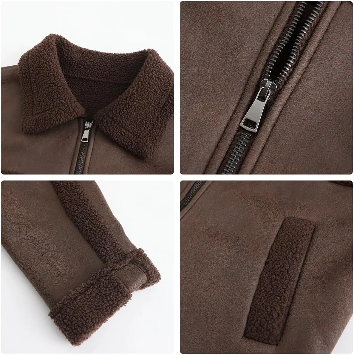 Women's Faux Suede Winter Jacket Shearing Lined Zip Up Winter Aviator Leather Coat Outerwear