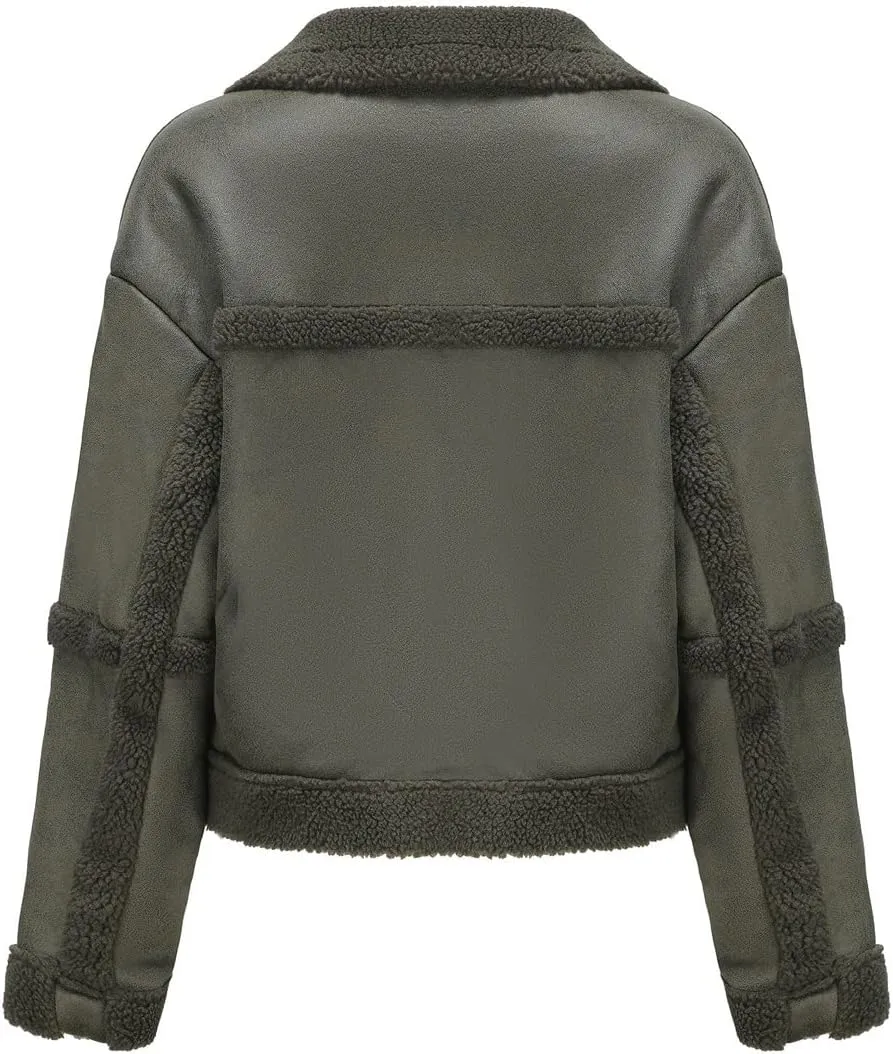 Women's Faux Suede Winter Jacket Shearing Lined Zip Up Winter Aviator Leather Coat Outerwear