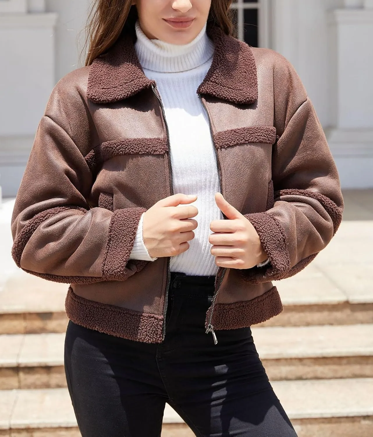 Women's Faux Suede Winter Jacket Shearing Lined Zip Up Winter Aviator Leather Coat Outerwear