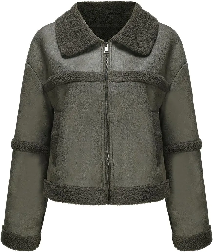 Women's Faux Suede Winter Jacket Shearing Lined Zip Up Winter Aviator Leather Coat Outerwear