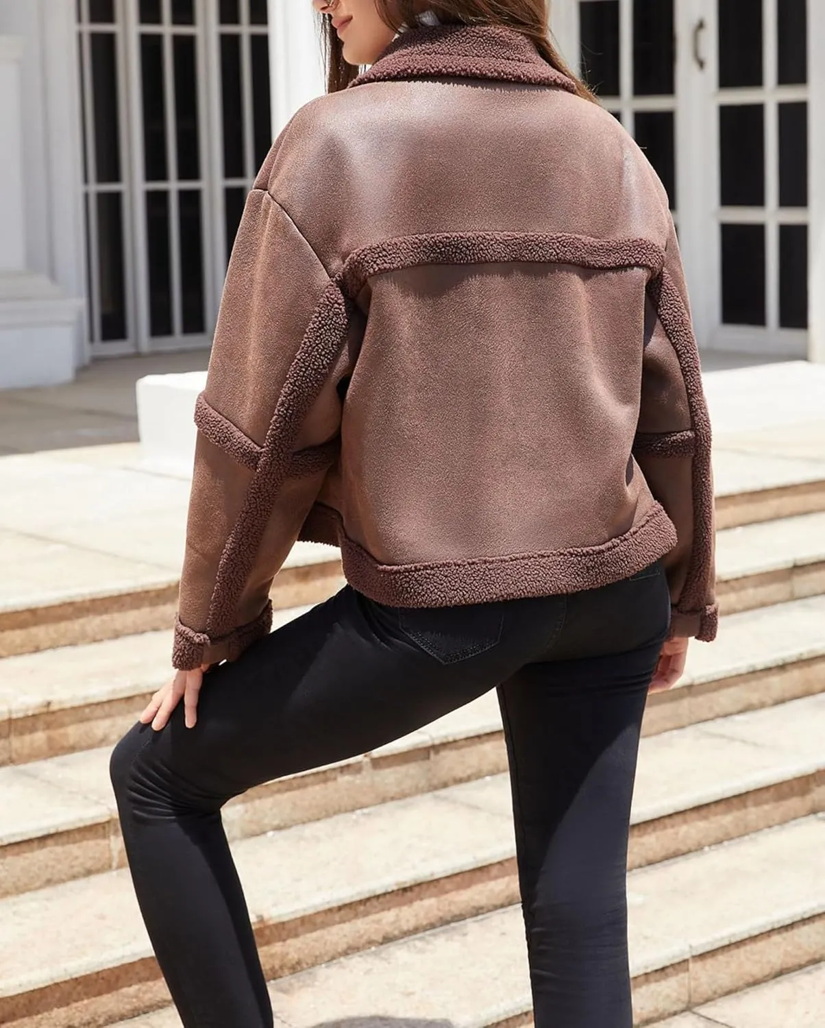 Women's Faux Suede Winter Jacket Shearing Lined Zip Up Winter Aviator Leather Coat Outerwear