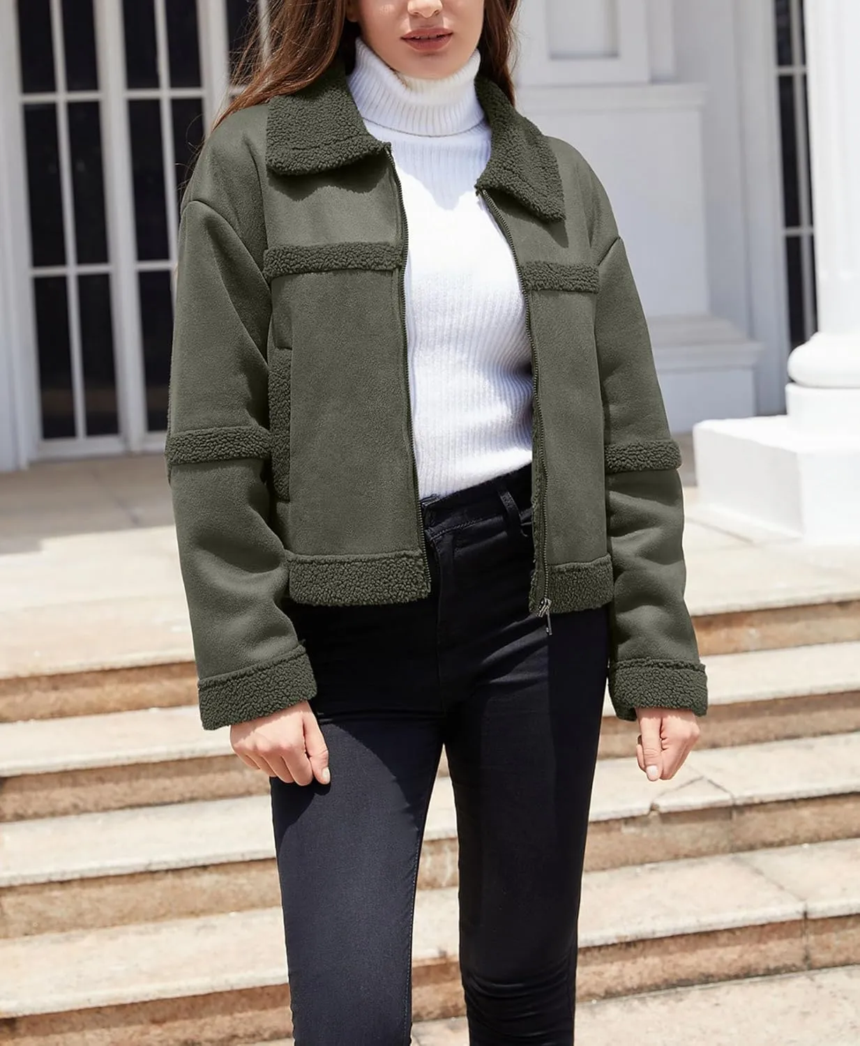 Women's Faux Suede Winter Jacket Shearing Lined Zip Up Winter Aviator Leather Coat Outerwear