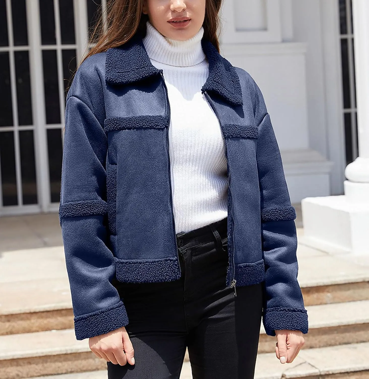 Women's Faux Suede Winter Jacket Shearing Lined Zip Up Winter Aviator Leather Coat Outerwear