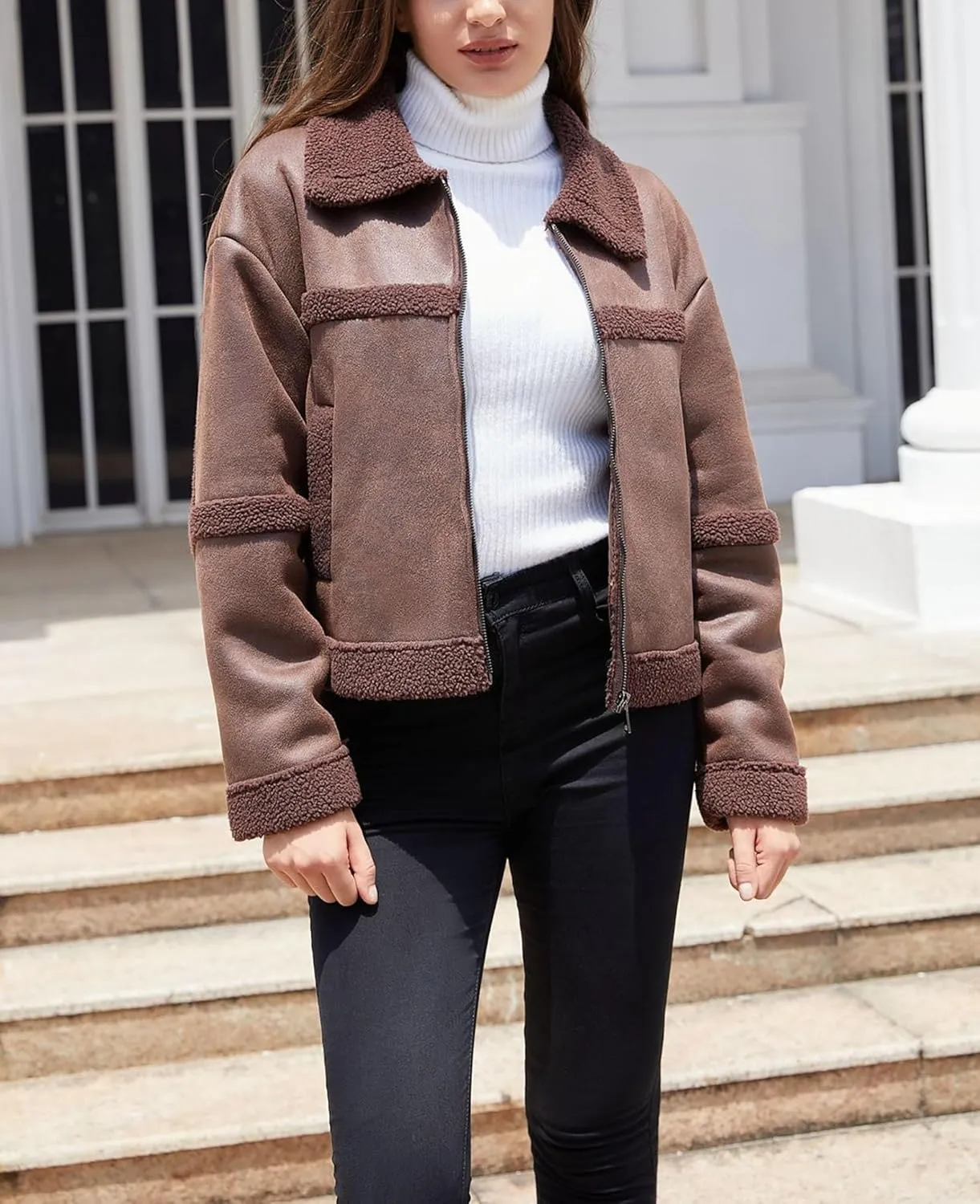 Women's Faux Suede Winter Jacket Shearing Lined Zip Up Winter Aviator Leather Coat Outerwear