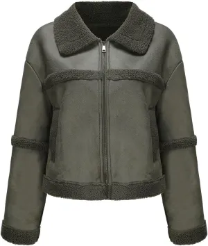 Women's Faux Suede Winter Jacket Shearing Lined Zip Up Winter Aviator Leather Coat Outerwear