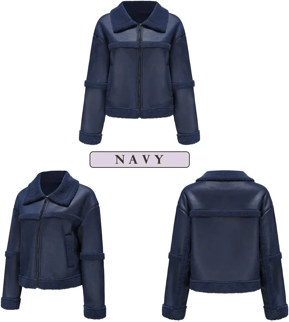 Women's Faux Suede Winter Jacket Shearing Lined Zip Up Winter Aviator Leather Coat Outerwear