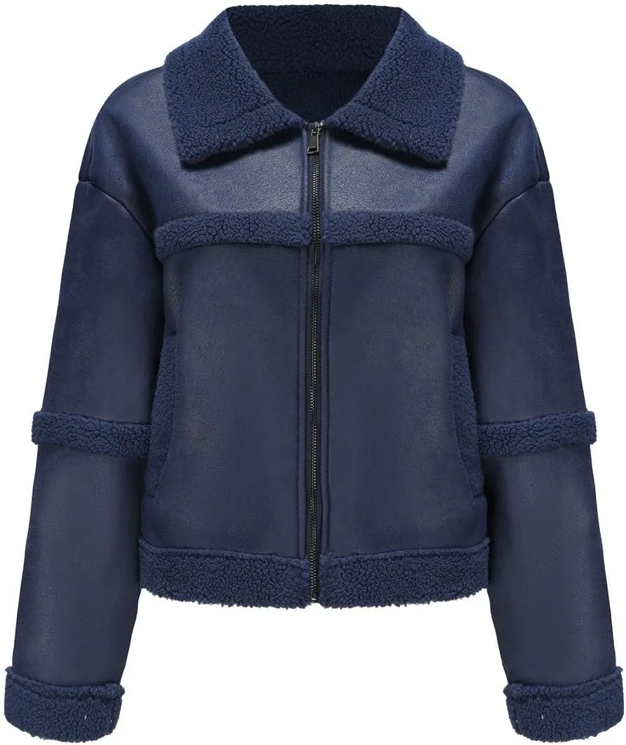 Women's Faux Suede Winter Jacket Shearing Lined Zip Up Winter Aviator Leather Coat Outerwear