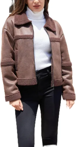 Women's Faux Suede Winter Jacket Shearing Lined Zip Up Winter Aviator Leather Coat Outerwear