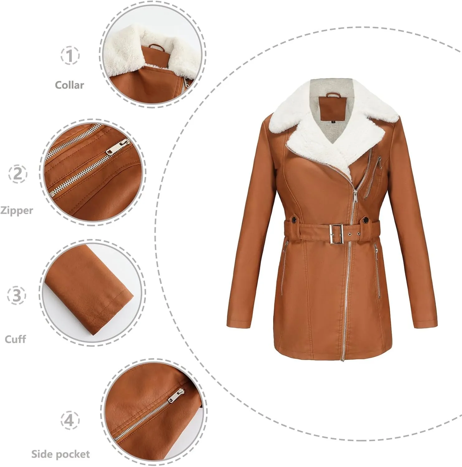 Women's Faux Suede Winter Long Jacket Shearing Lined Winter Aviator Leather Coat with Belt
