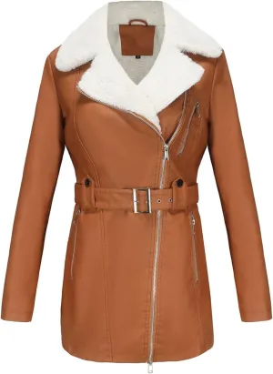 Women's Faux Suede Winter Long Jacket Shearing Lined Winter Aviator Leather Coat with Belt