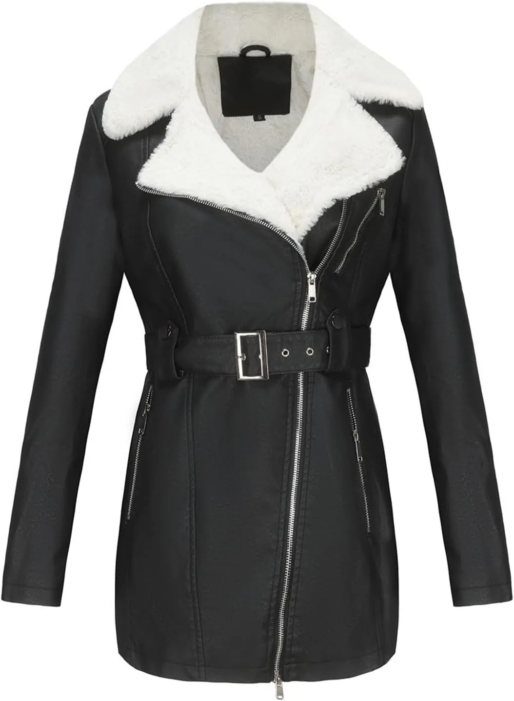 Women's Faux Suede Winter Long Jacket Shearing Lined Winter Aviator Leather Coat with Belt