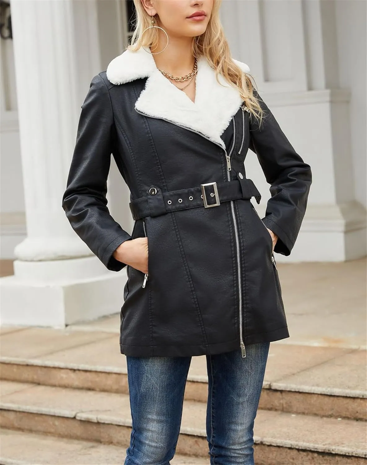 Women's Faux Suede Winter Long Jacket Shearing Lined Winter Aviator Leather Coat with Belt