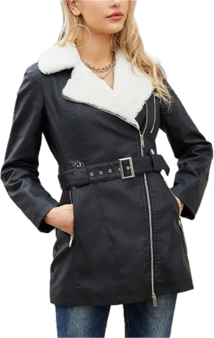 Women's Faux Suede Winter Long Jacket Shearing Lined Winter Aviator Leather Coat with Belt