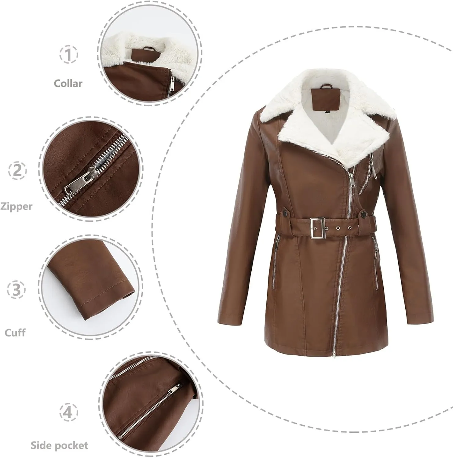 Women's Faux Suede Winter Long Jacket Shearing Lined Winter Aviator Leather Coat with Belt