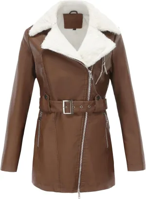 Women's Faux Suede Winter Long Jacket Shearing Lined Winter Aviator Leather Coat with Belt