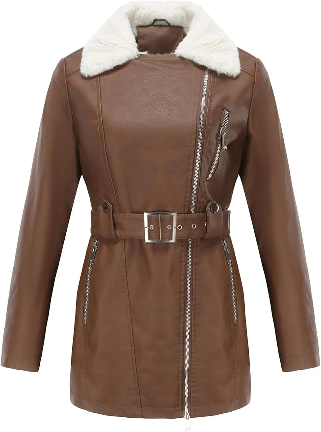 Women's Faux Suede Winter Long Jacket Shearing Lined Winter Aviator Leather Coat with Belt