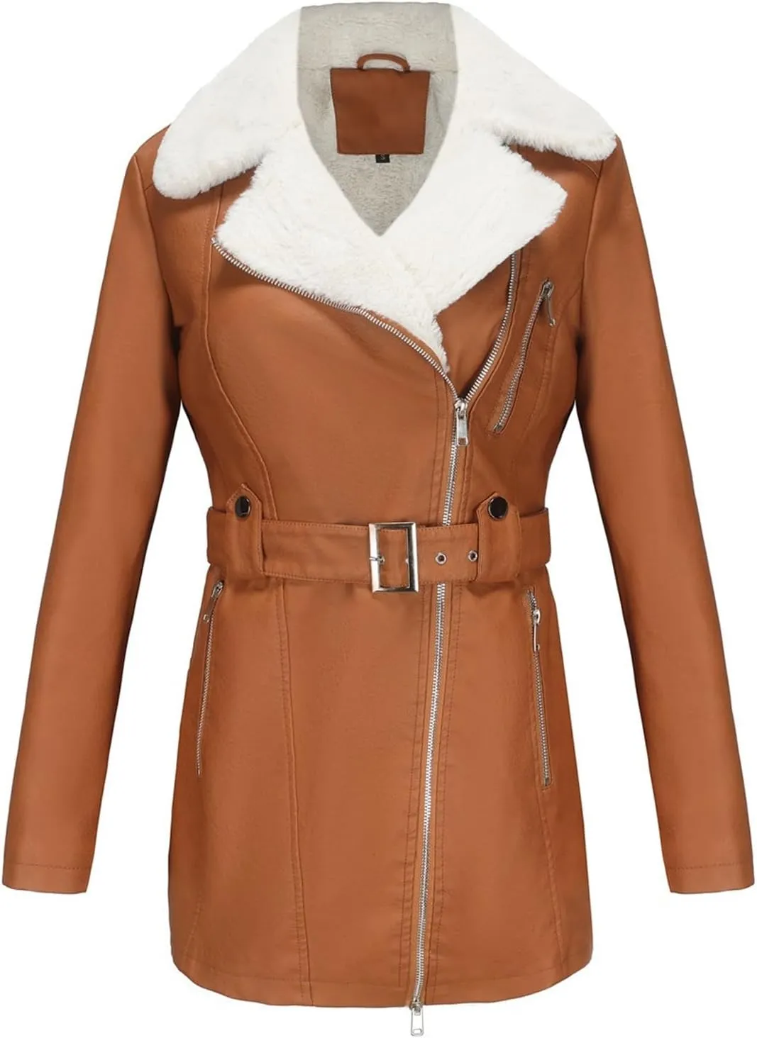 Women's Faux Suede Winter Long Jacket Shearing Lined Winter Aviator Leather Coat with Belt