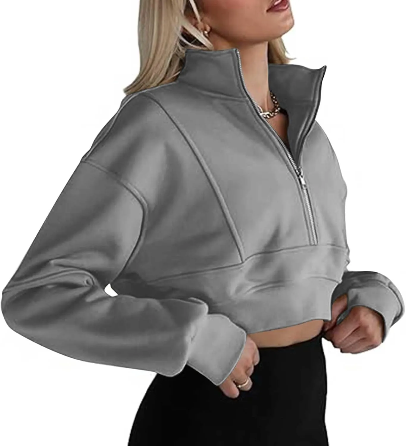 Women's Half Zipper Cropped Sweatshirts Hoodies,Casual V Neck Long Sleeve Pullover Tunic Comfy Basic Tops